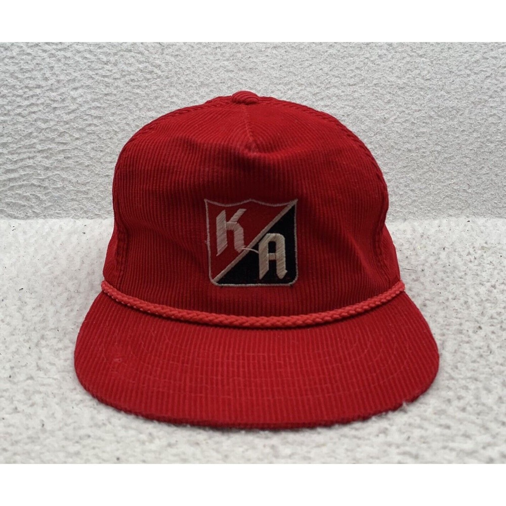 VTG Yupoong Corduroy Snapback Hat Mens OSFM Red KA Crest Shield Rope Trucker